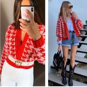 Zara Womens Small Pink Red Chunky Knit Houndstooth Cardigan Sweater Cropped, M
